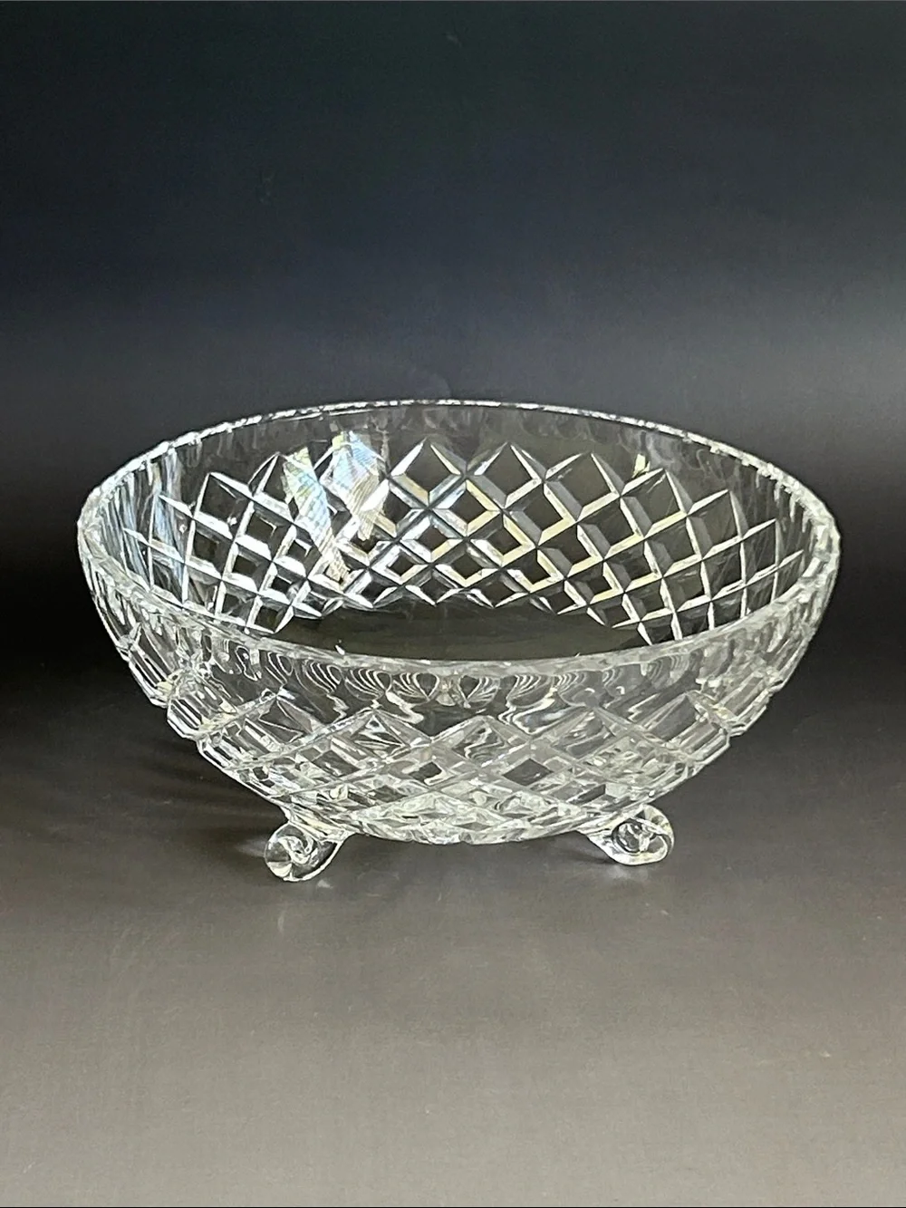 Vintage Kusak Hand Cut Crystal Three-Footed Bowl with Diamond Cut Pattern